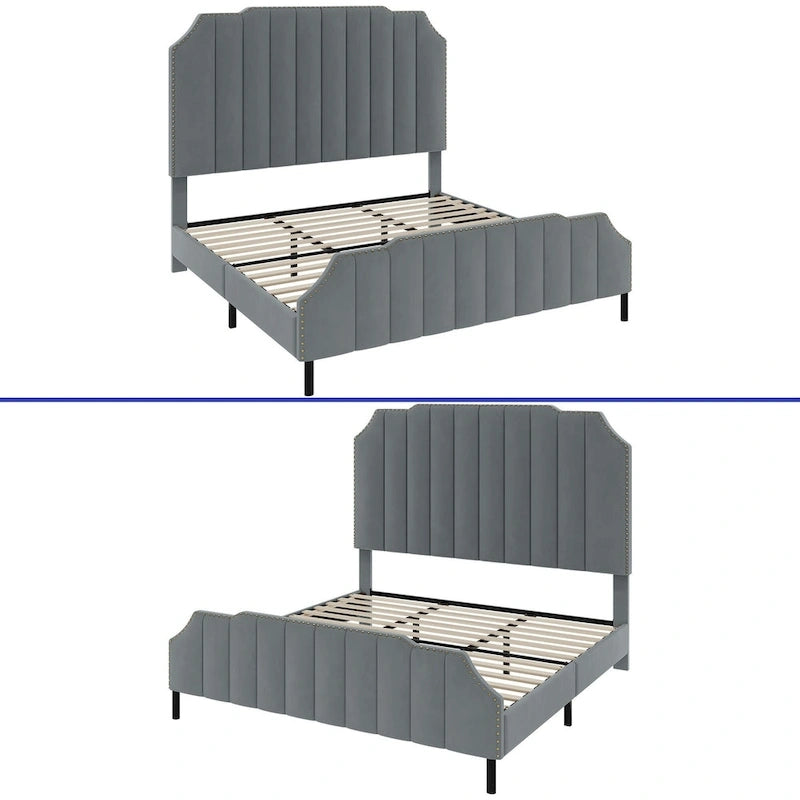 Giroletto Imbottito Grigio Letto con Piattaforma in Velluto Base per Materasso