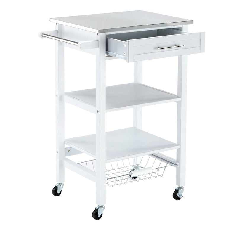 Carrello da cucina con 2 ripiani in legno e 1 cassetto, bianco
