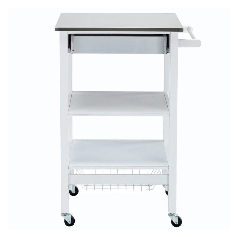 Carrello da cucina con 2 ripiani in legno e 1 cassetto, bianco