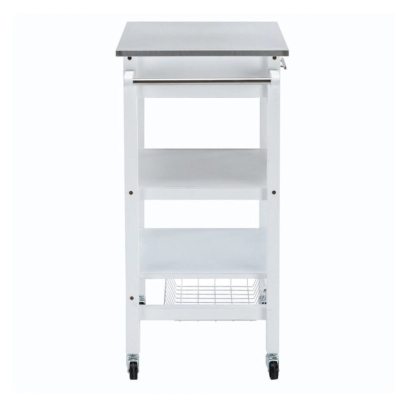 Carrello da cucina con 2 ripiani in legno e 1 cassetto, bianco