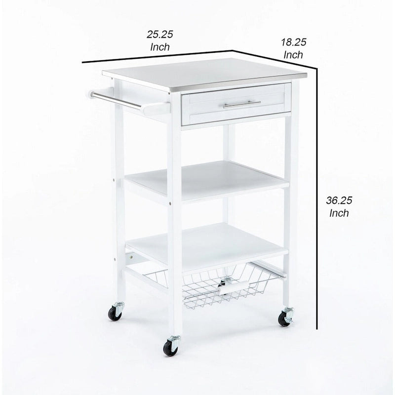 Carrello da cucina con 2 ripiani in legno e 1 cassetto, bianco