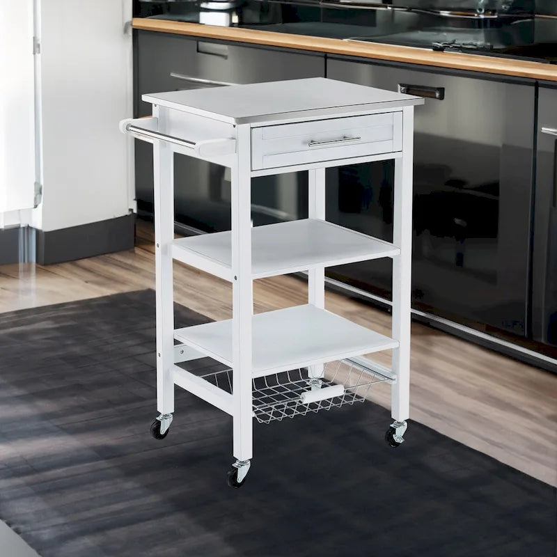 Carrello da cucina con 2 ripiani in legno e 1 cassetto, bianco