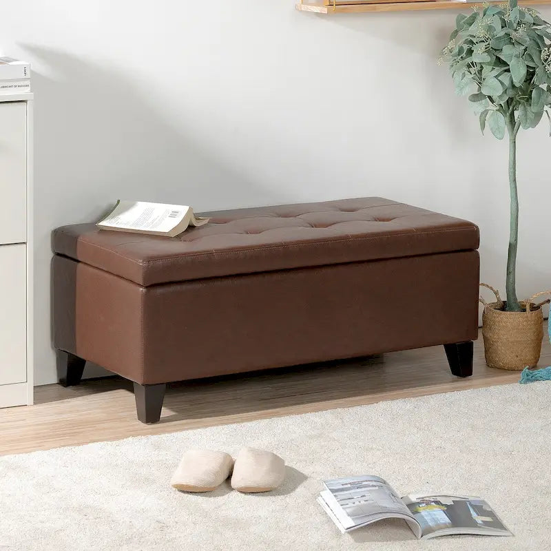 Pouf Contenitore con Gambe in Legno, Pouf Contenitore in Similpelle per Soggiorno, Camera da Letto e Ingresso
