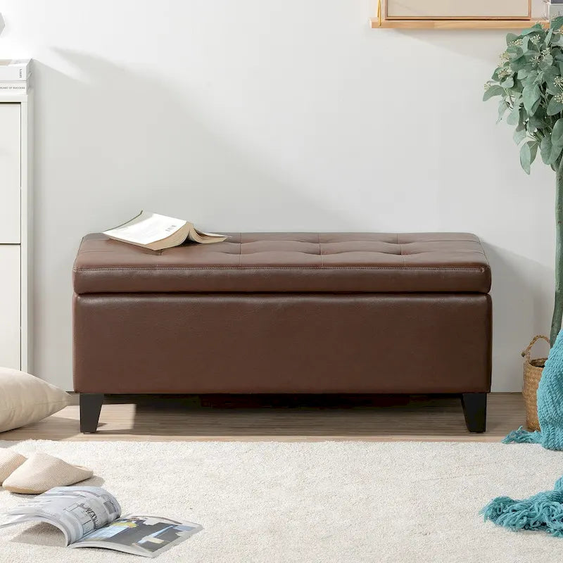 Pouf Contenitore con Gambe in Legno, Pouf Contenitore in Similpelle per Soggiorno, Camera da Letto e Ingresso