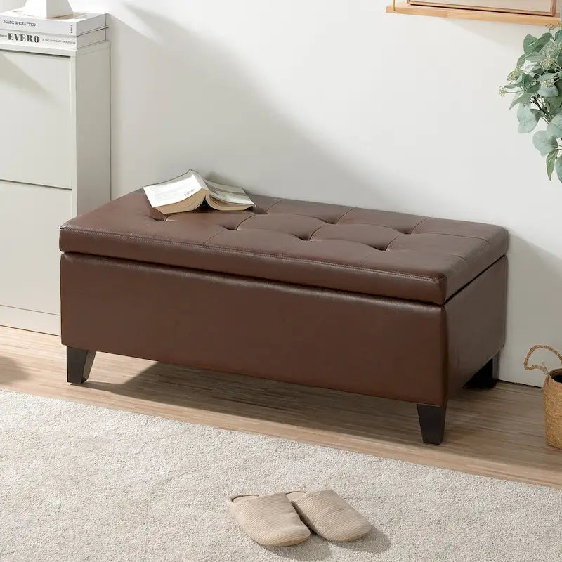 Pouf Contenitore con Gambe in Legno, Pouf Contenitore in Similpelle per Soggiorno, Camera da Letto e Ingresso