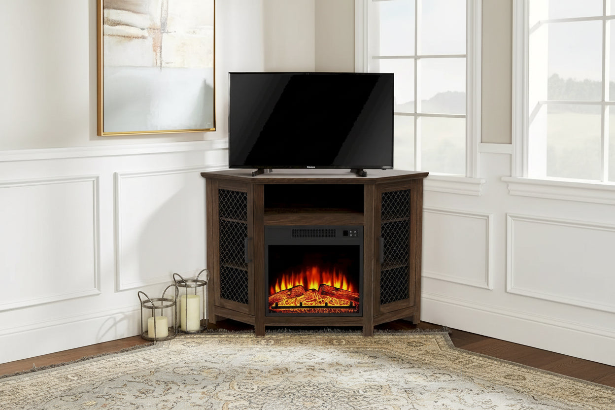 45 Industrial Corner Electric Fireplace TV Stands with 2 Metal Mesh Doors and Remote