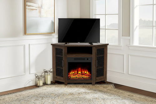 45 Industrial Corner Electric Fireplace TV Stands with 2 Metal Mesh Doors and Remote